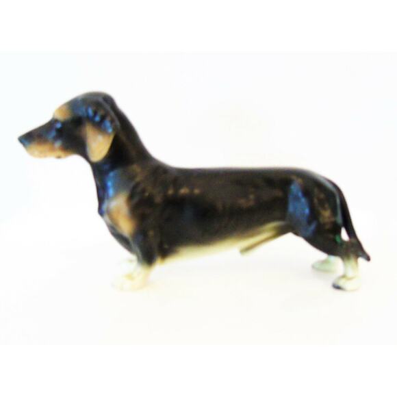 VTG Japan Porcelain DACHSHUND DOG FIGURINE Black Tan White Paws Male 7" Long - Picture 2 of 7